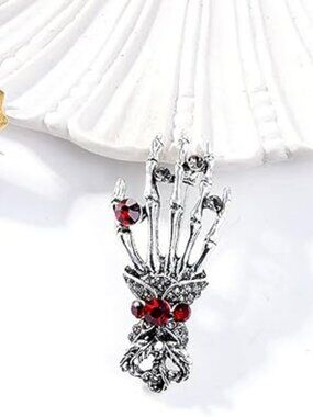 NEW Skeleton Hand Lapel Brooch Pin Rhinestone Red Crystal Skull Goth Punk Y2K